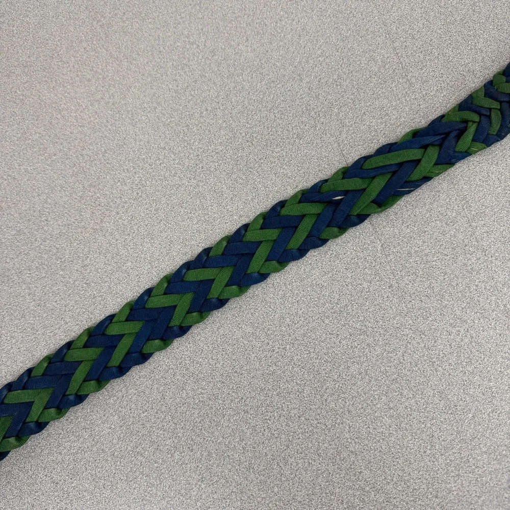 Carolina Herrera Belt Mens Blue Green Braided Woven Leather Trim Spain 46.5